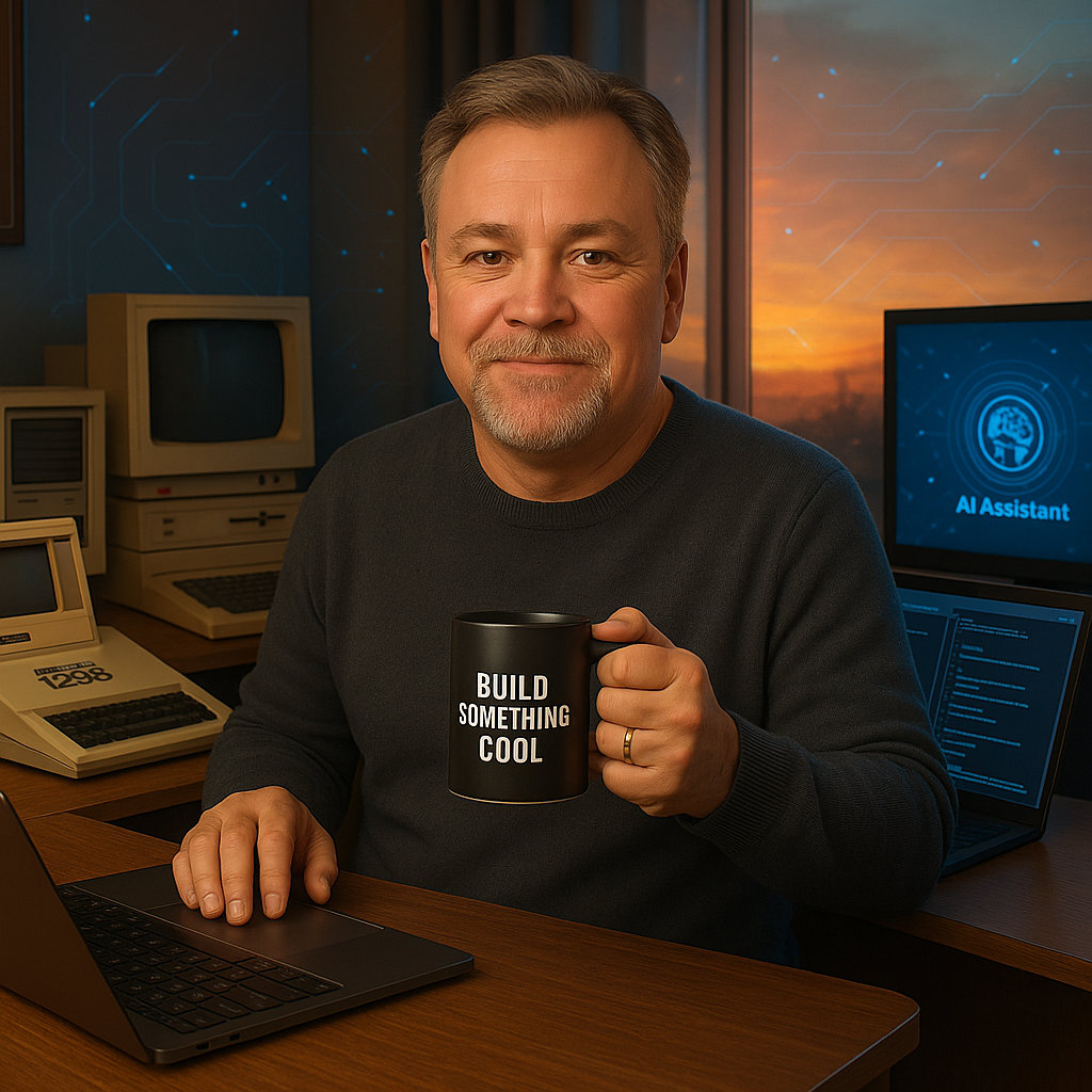 A "slightly creepy" AI image of me surrounded by old and new tech.