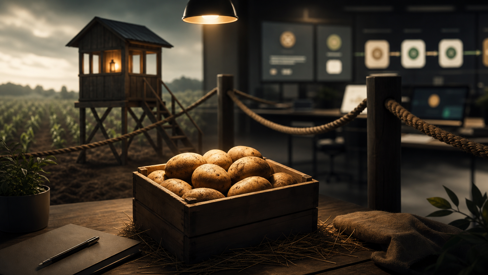 Crate of potatoes beside a guarded product operations workspace