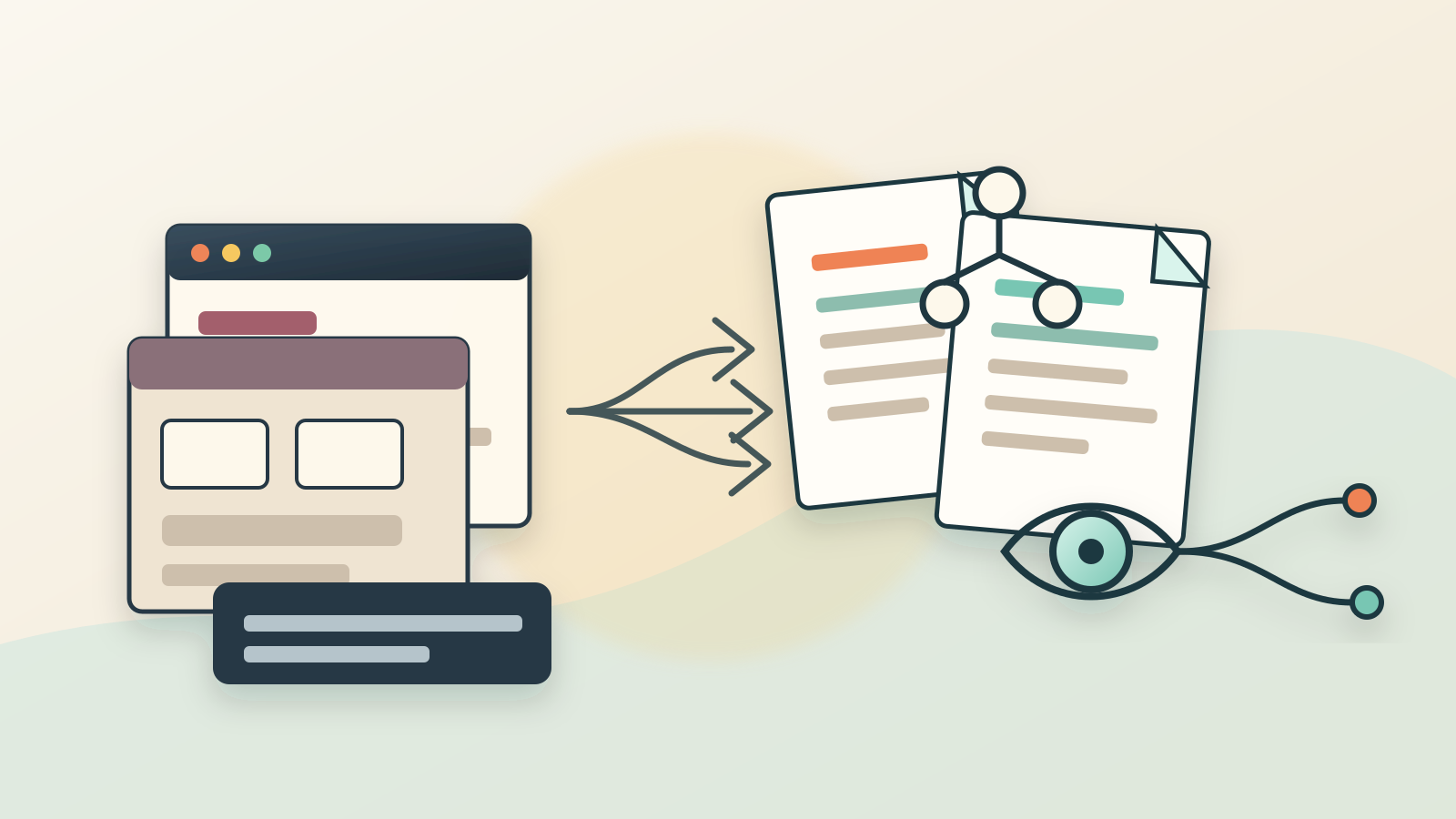 A traditional CMS stack flattening into Markdown files and a static site