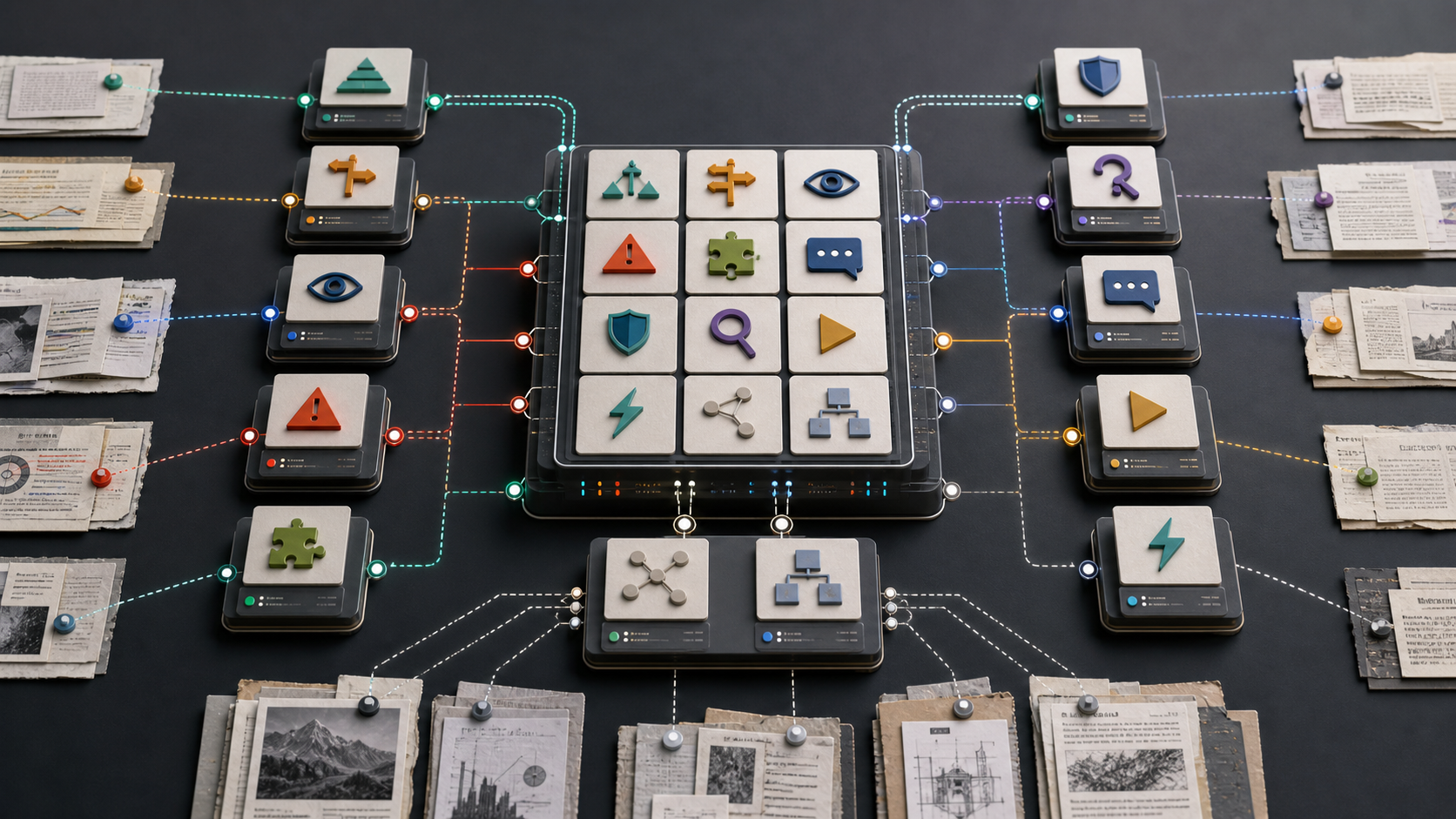 A structured semantic object map with evidence trails, metadata fields, and provenance lines forming a business index