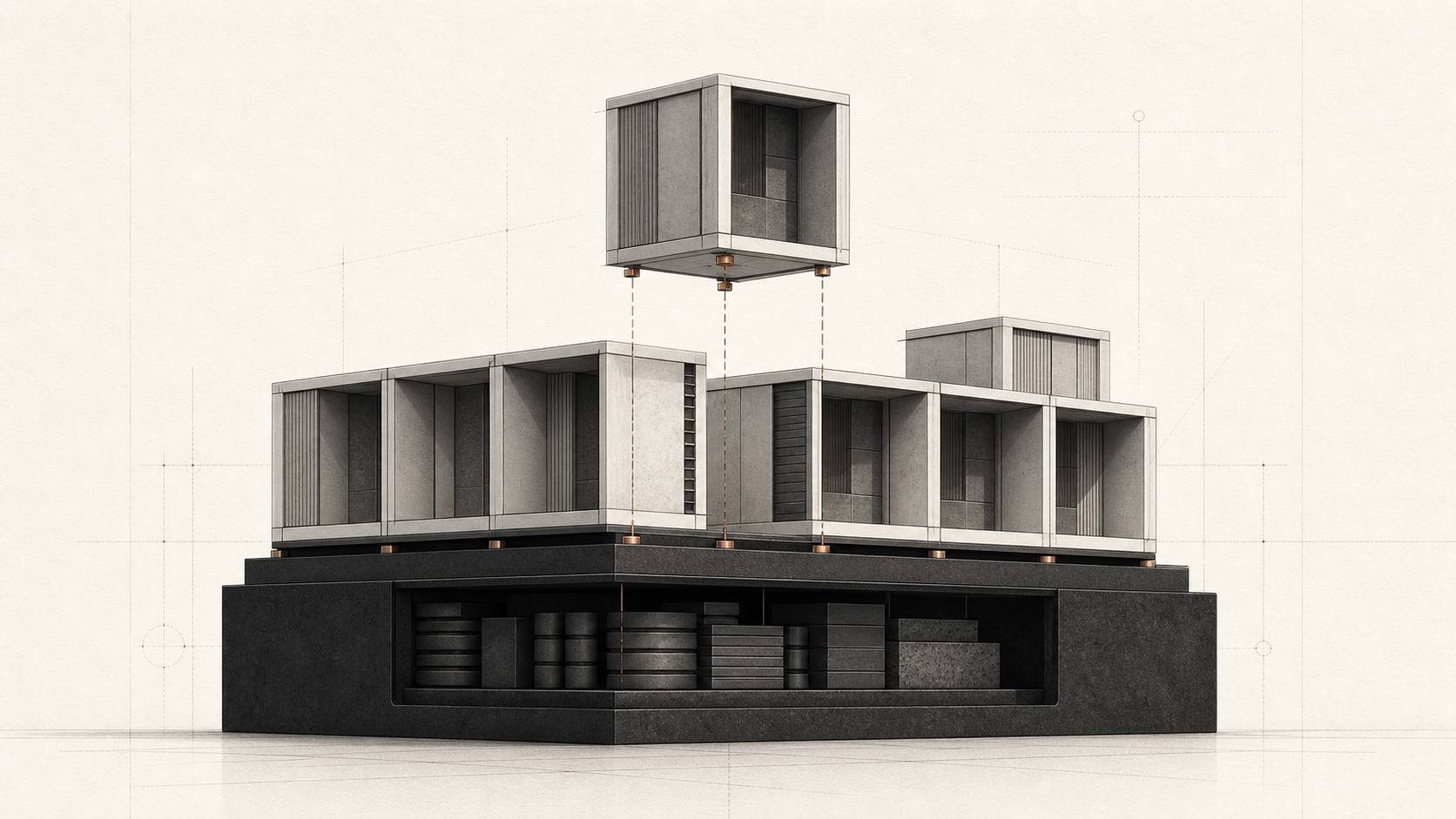 A modular architectural system with replaceable upper components above a durable foundation